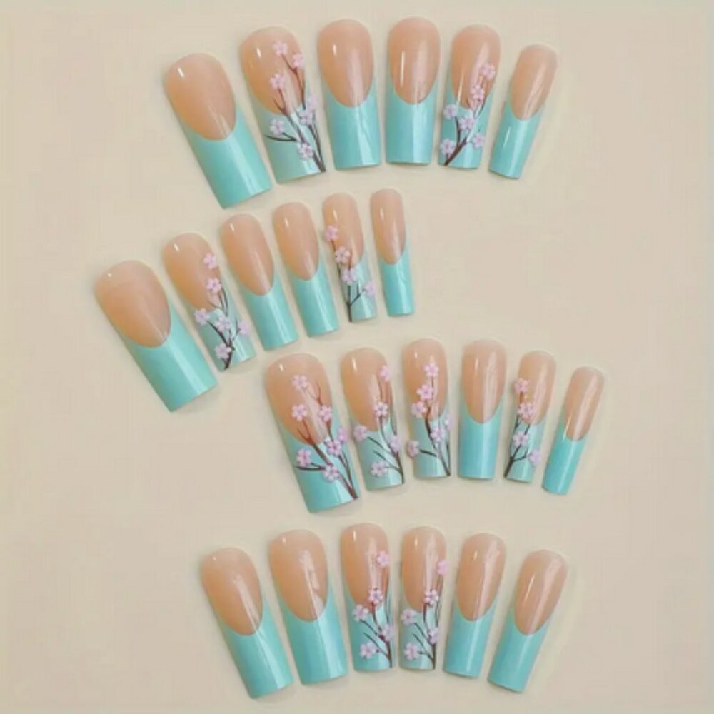 24 Pcs Long Square Cherry Blossom Floral 3D Green French Tip Press On Nails NIB - Picture 3 of 11